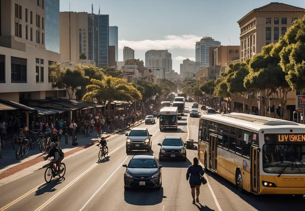 A crowded city street with various modes of transportation, including buses, trolleys, and bicycles. Surrounding buildings display signage for popular sporting events in San Diego