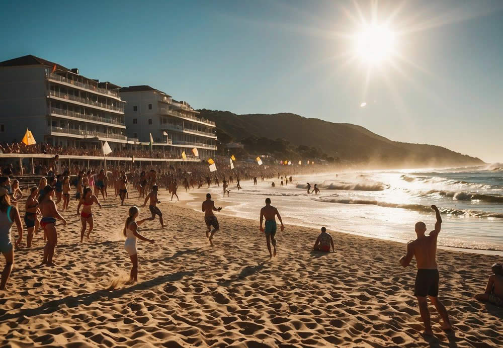 A vibrant beach scene with surfers catching waves, beach volleyball players diving for the ball, and spectators cheering on the action. The sun is shining, and the ocean glistens in the background